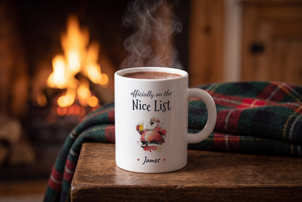 Lifestyle: Personalised Santa With A Pint Mug, On The Nice List