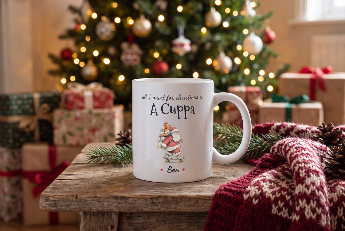 Lifestyle: Personalised Skateboarding Santa Mug, All I Want For Christmas Is A Cuppa