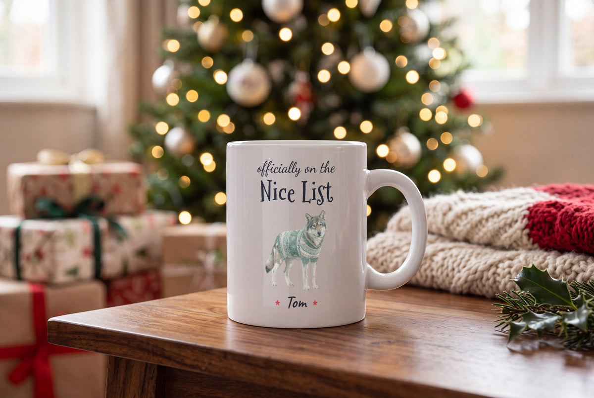 Lifestyle: Personalised Christmas Jumper Wolf Mug, On The Nice List