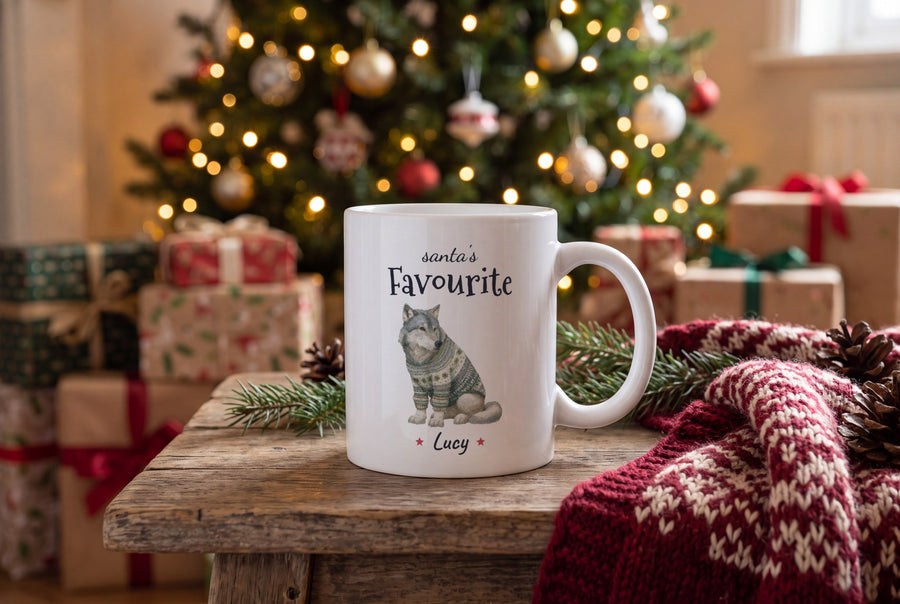 Lifestyle: Personalised Christmas Jumper Wolf Mug, Santa's Favourite