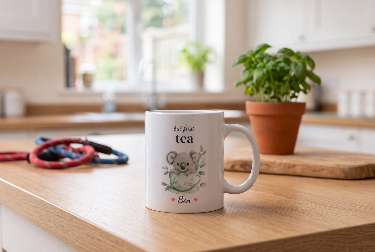 Lifestyle: Personalised Koala Teacup Mug, But First Tea
