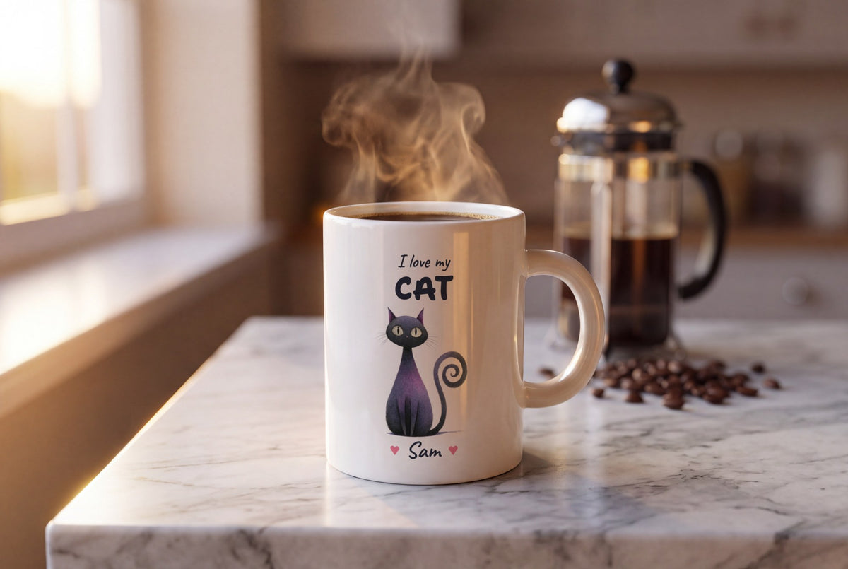 Lifestyle: Personalised Black Cat Mug, I Love My Cat