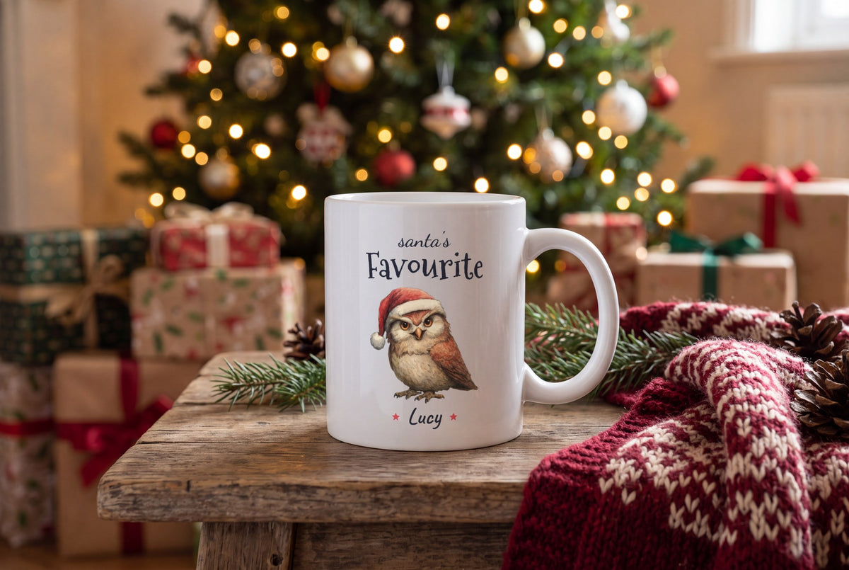 Lifestyle: Personalised Christmas Owl Mug, Santa's Favourite