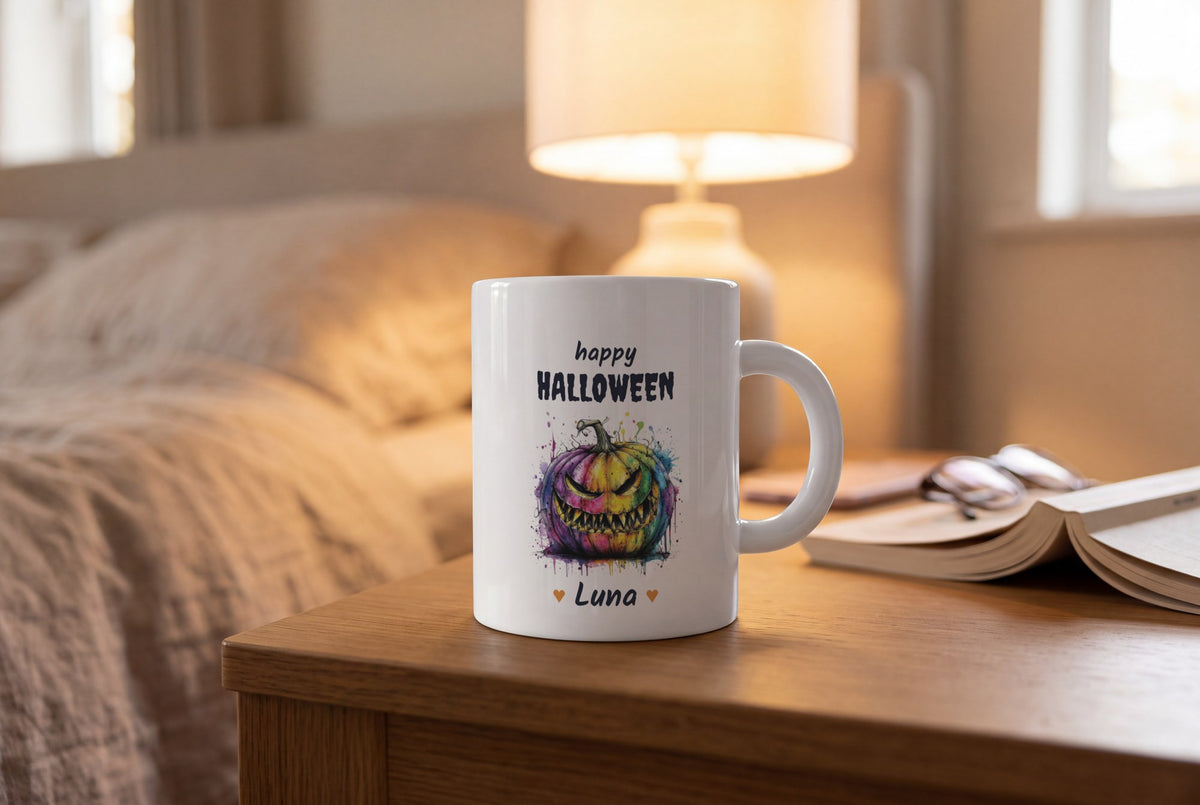 Lifestyle: Personalised Neon Pumpkin Mug, Happy Halloween