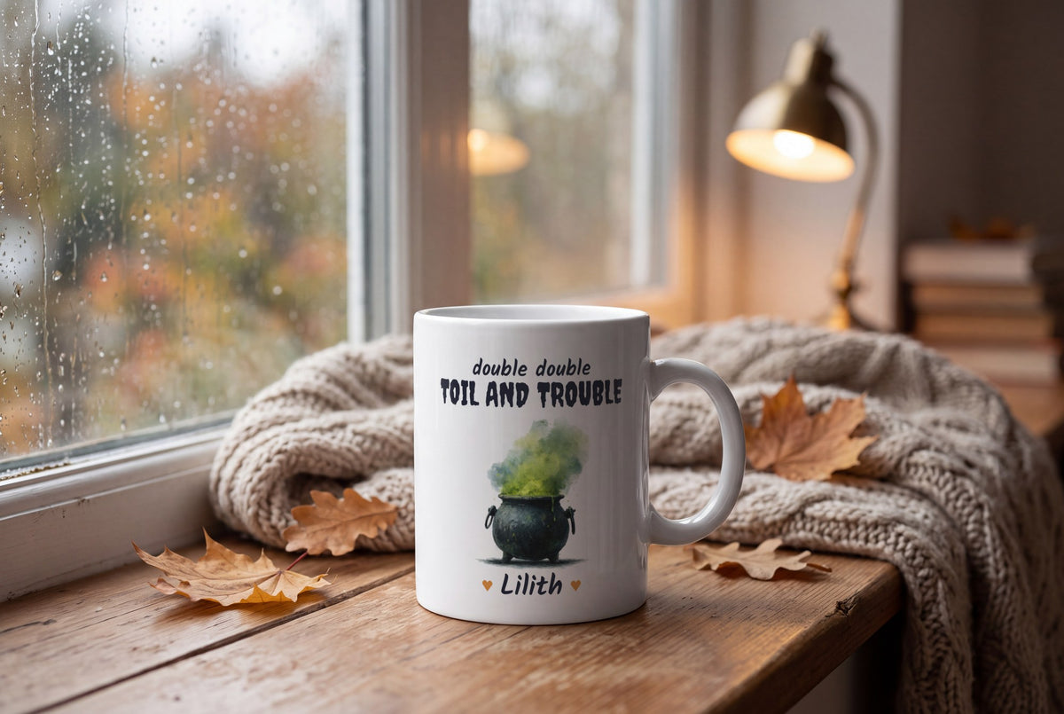 Lifestyle: Personalised Witches Cauldron Mug, Double Double Toil And Trouble