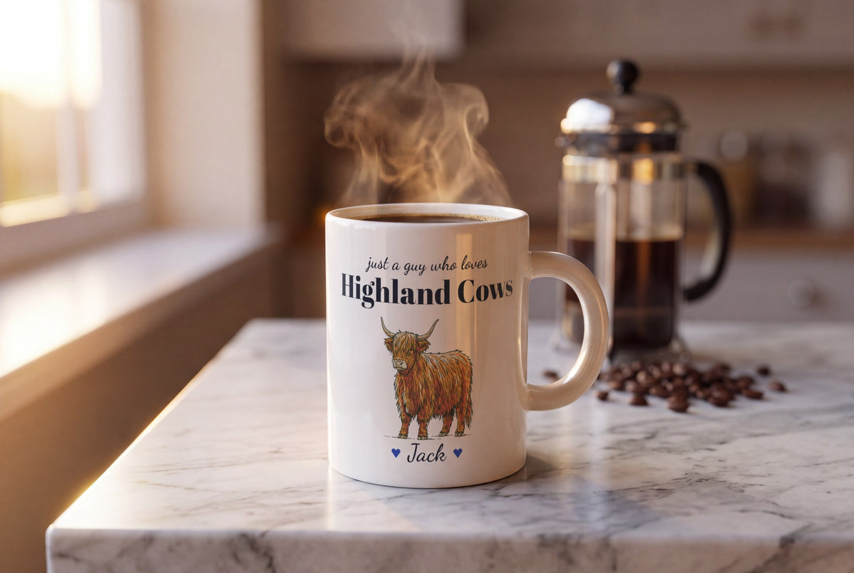 Lifestyle: Personalised Highland Cow Mug, Just A Guy Who Loves Highland Cows