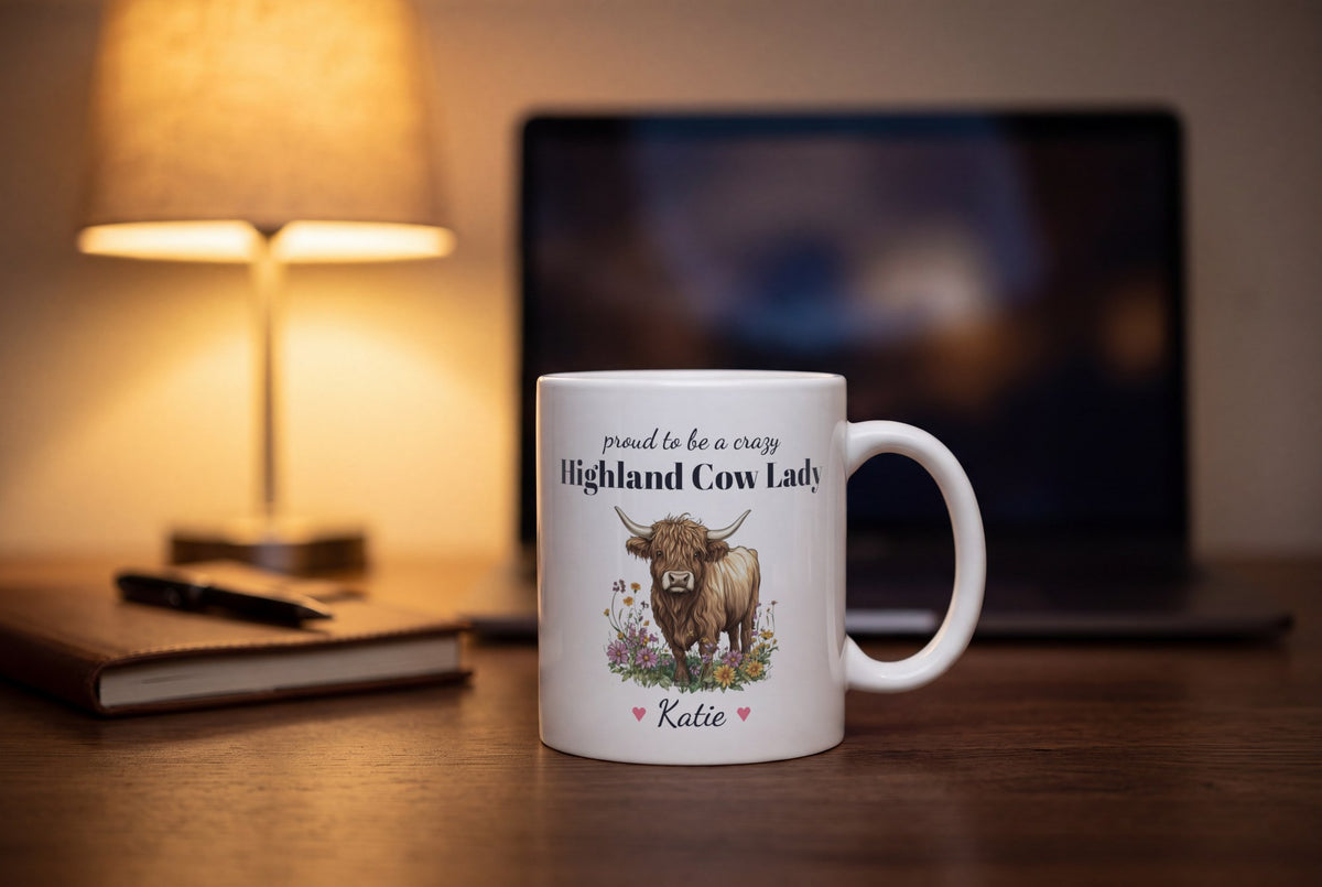 Lifestyle: Personalised Highland Cow Mug, Crazy Highland Cow Lady