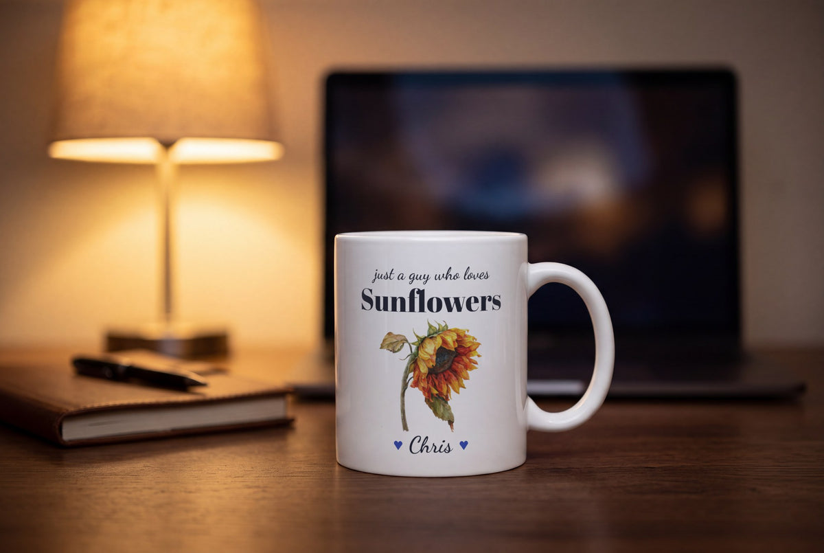 Lifestyle: Personalised Sunflower Mug, Just A Guy Who Loves Sunflowers