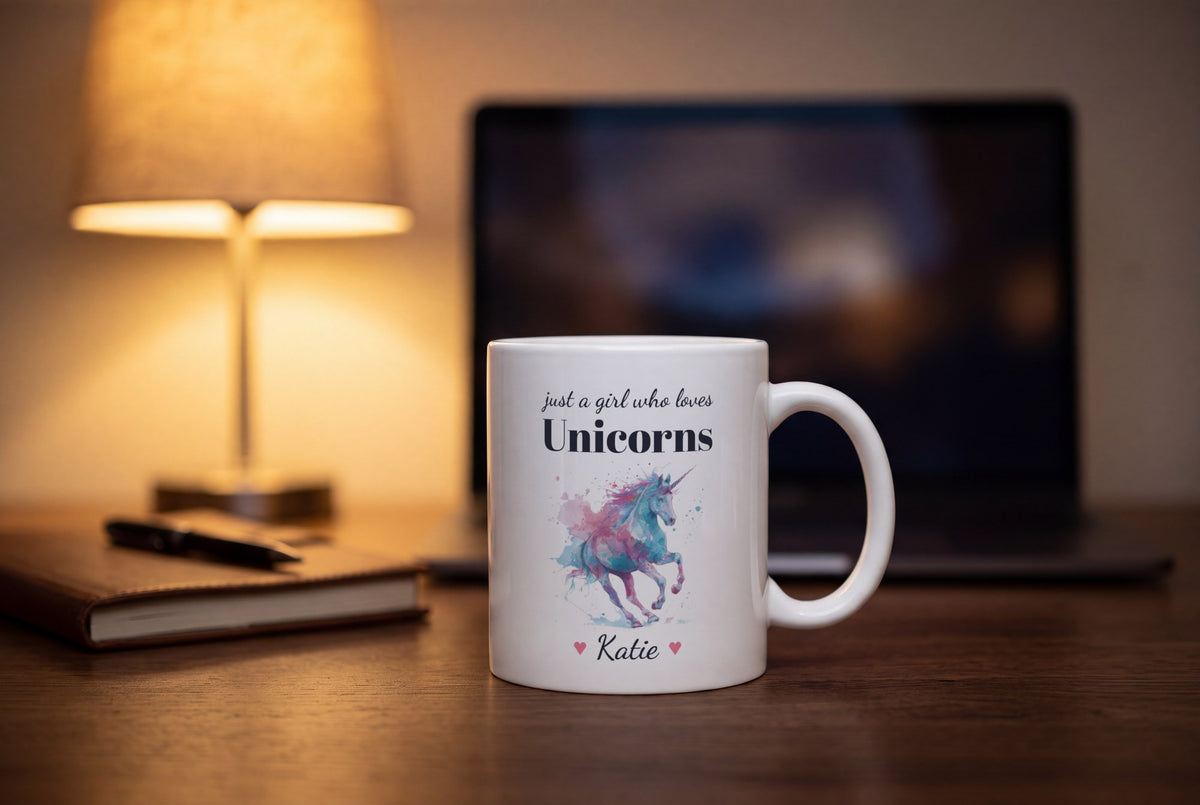 Lifestyle: Personalised Unicorn Mug, Just A Girl Who Loves Unicorns
