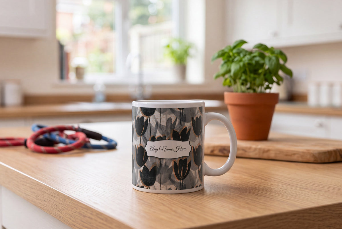 Lifestyle: Woodblock Tulips Name Mug 2