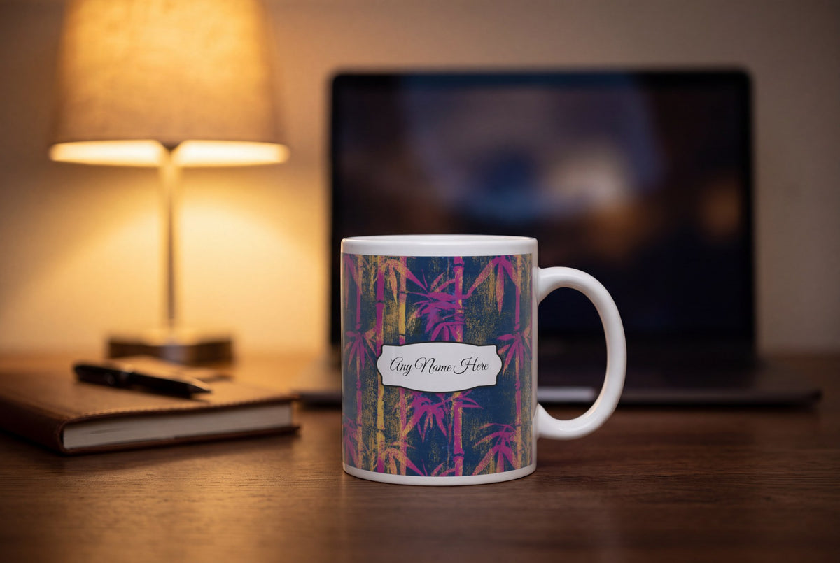 Lifestyle: Woodcut Bamboo Pink Yellow Name Mug