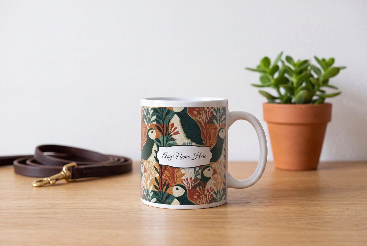 Lifestyle: Screenprint Puffins Name Mug