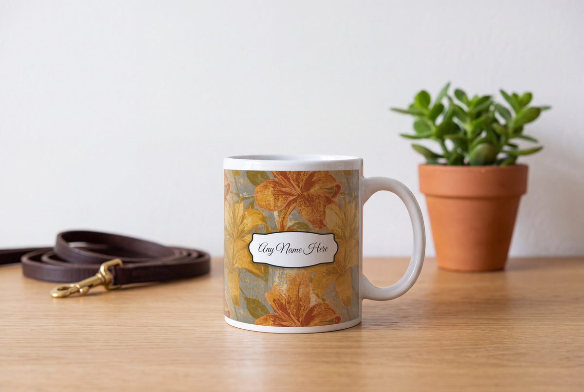 Lifestyle: Monoprint Lilies Name Mug