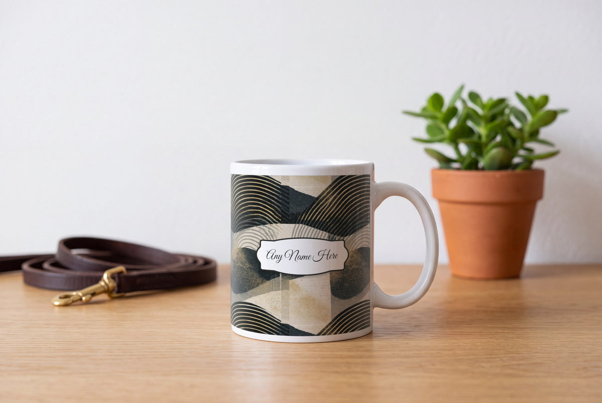 Lifestyle: Screenprint Black Abstract Name Mug