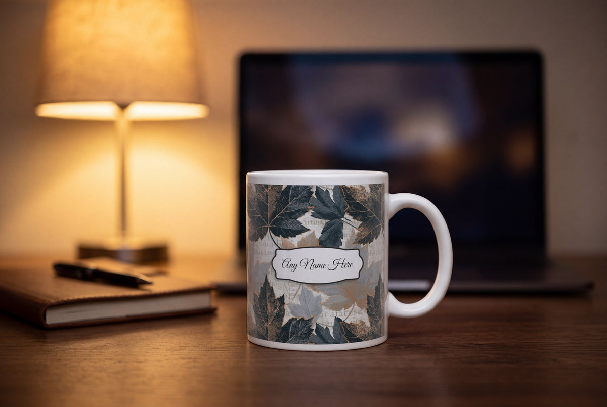 Lifestyle: Cross Hatch Autumn Leaves Name Mug
