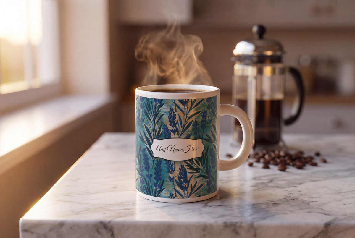 Lifestyle: Cyanotype Lavender Abstract Name Mug 2