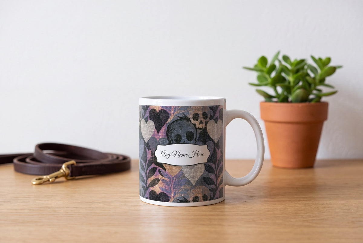 Lifestyle: Woodcut Hearts Skulls Name Mug
