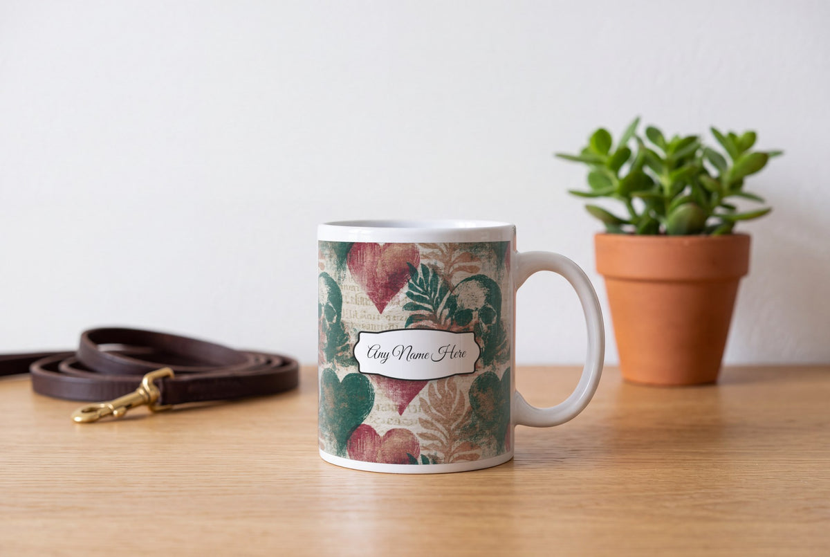 Lifestyle: Lithograph Hearts Skulls Name Mug