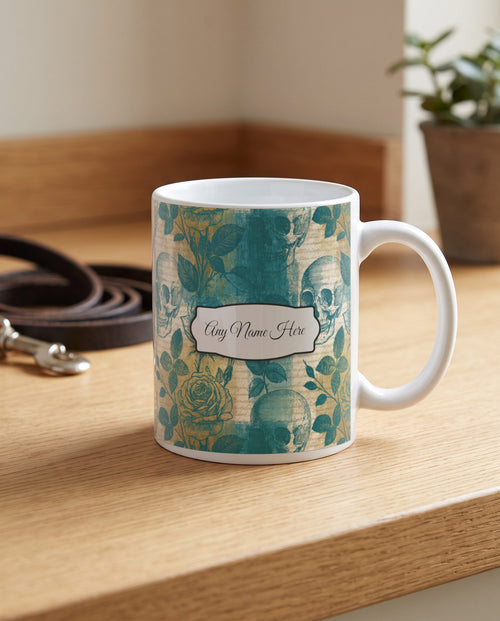 Lifestyle: Antique Bird Plate Roses Skulls Name Mug