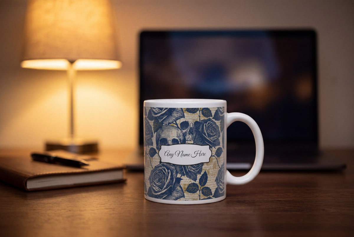 Lifestyle: Cross Hatch Roses Skulls Name Mug