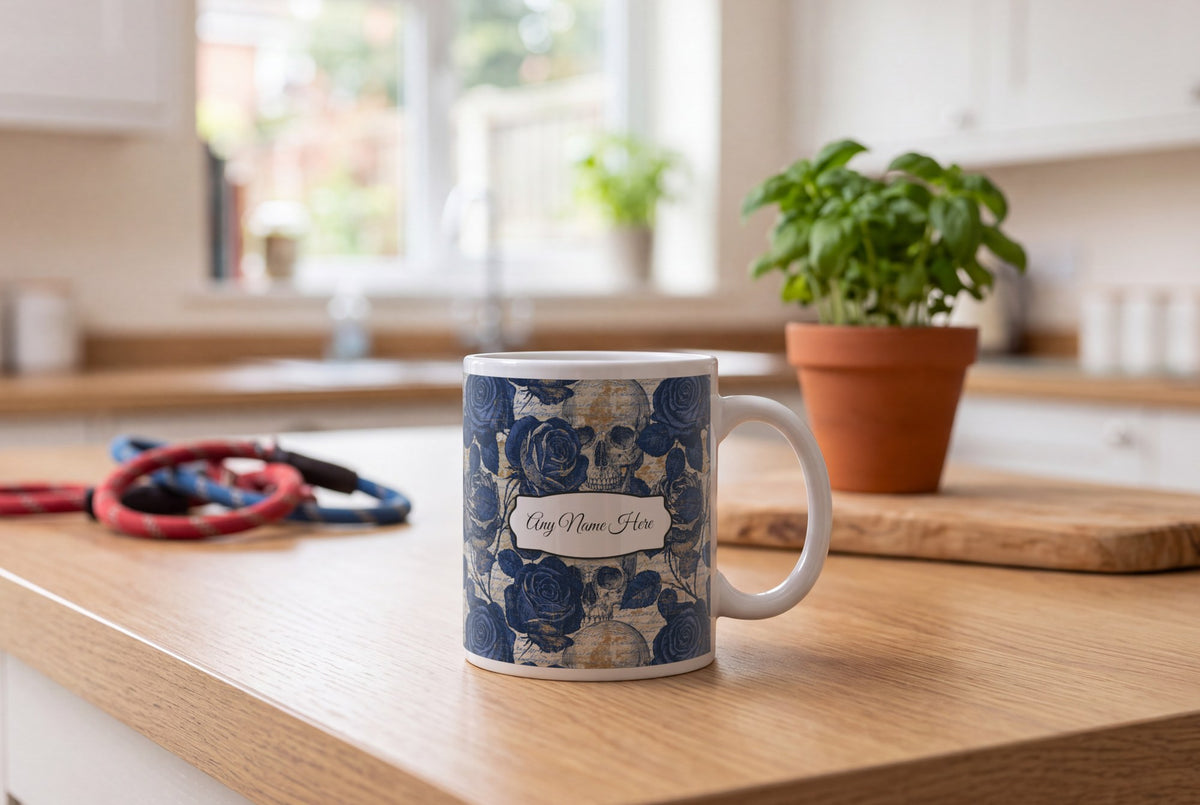 Lifestyle: Cross Hatch Roses Skulls Name Mug 2