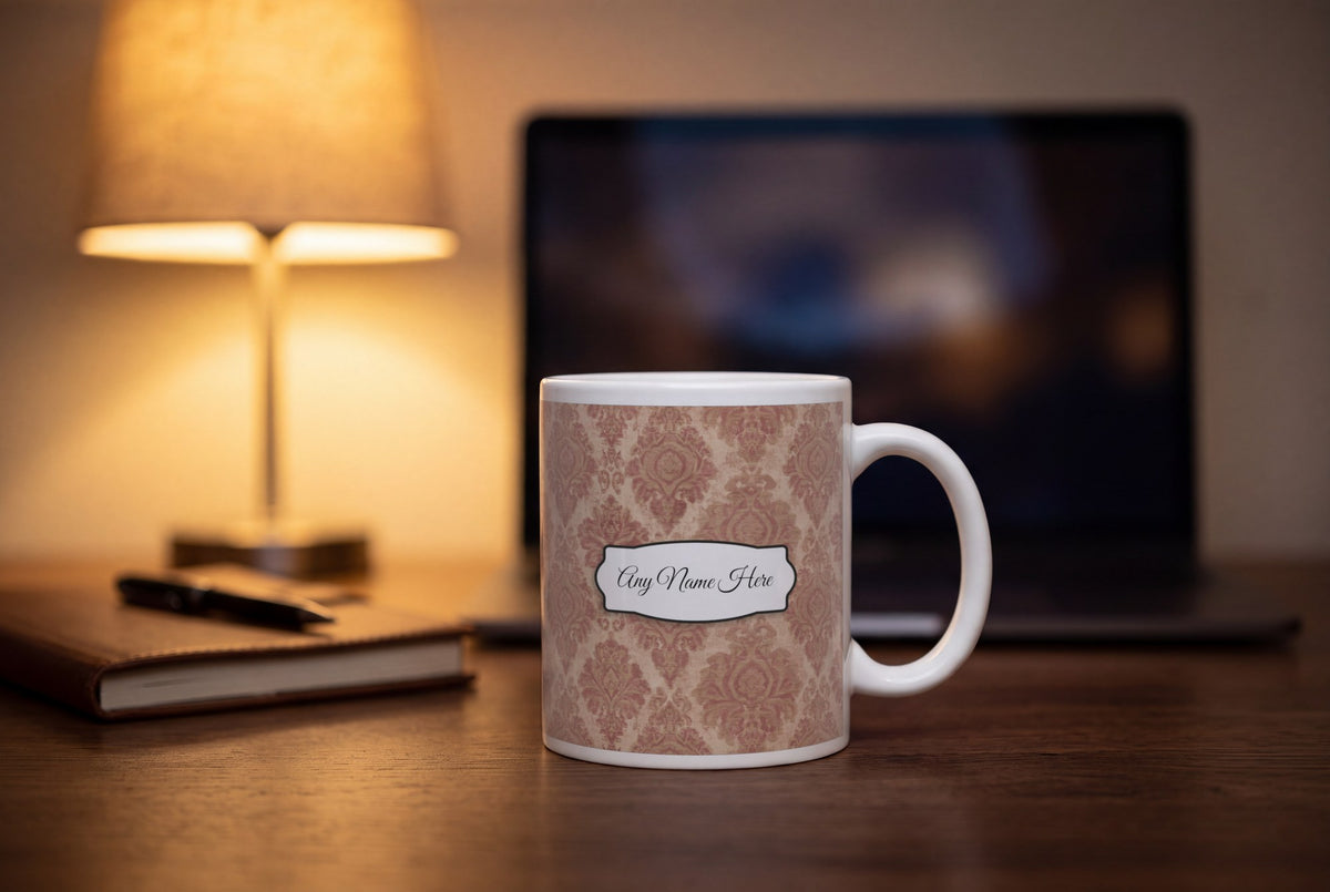 Lifestyle: Vintage Brocade Small Motif Brocade Cream Rose Gilt Name Mug 2