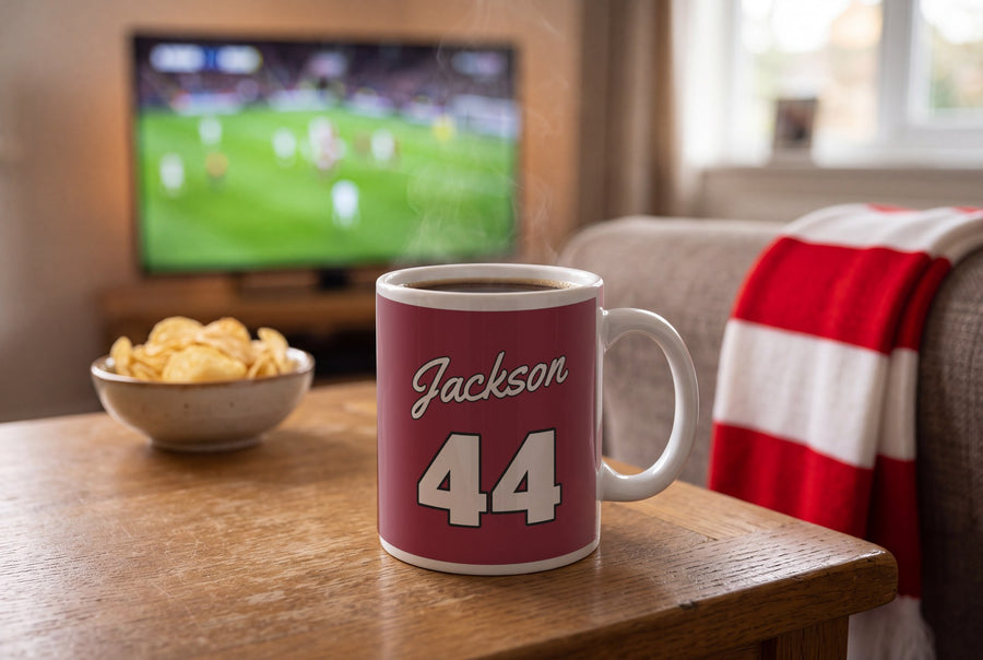 Lifestyle: Personalised Crimson and White Baseball Jersey Mug