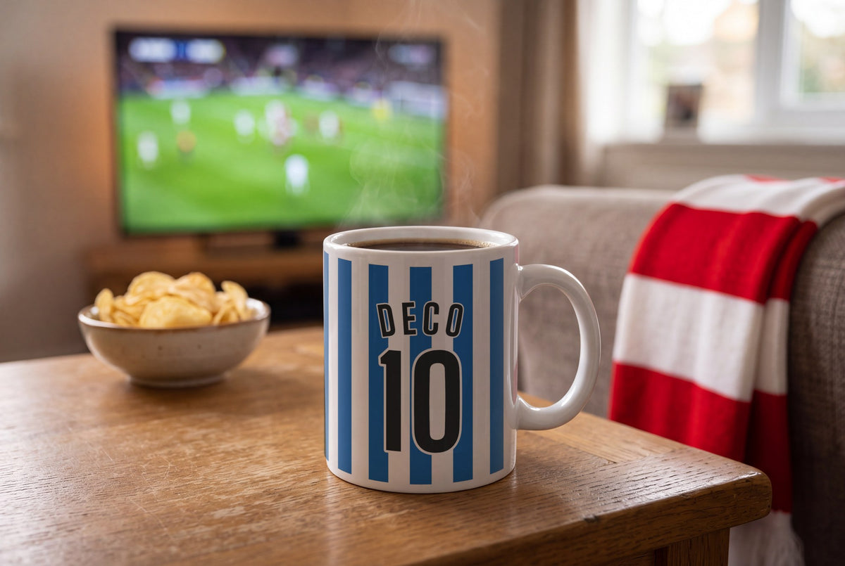 Lifestyle: Personalised Blue and White Stripes Football Shirt Mug