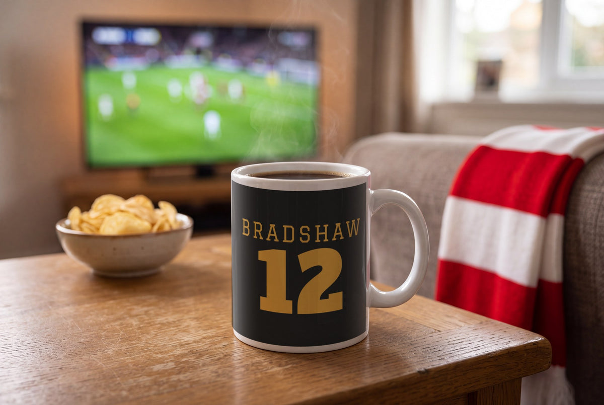 Lifestyle: Personalised Black and Gold American Football Jersey Mug