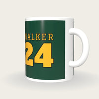 Personalised Green and Gold American Football Jersey Mug, three-quarter view