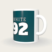 Personalised Midnight Green and White American Football Jersey Mug, three-quarter view