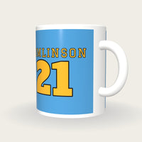 Personalised Powder Blue and Gold American Football Jersey Mug, three-quarter view