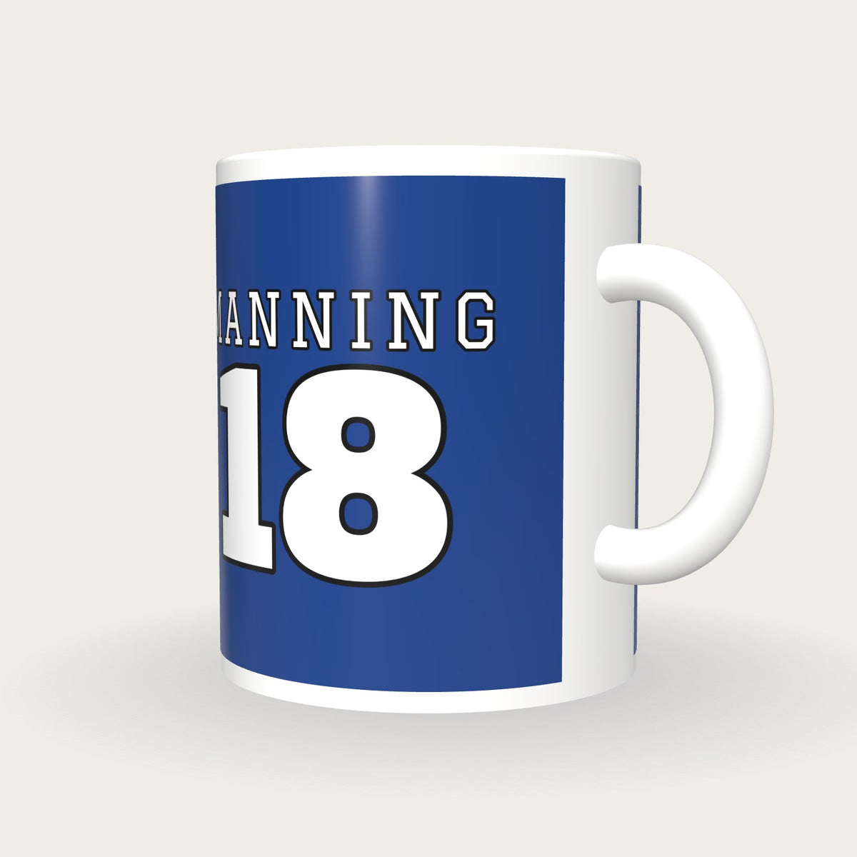 Personalised Royal Blue and White American Football Jersey Mug, three-quarter view