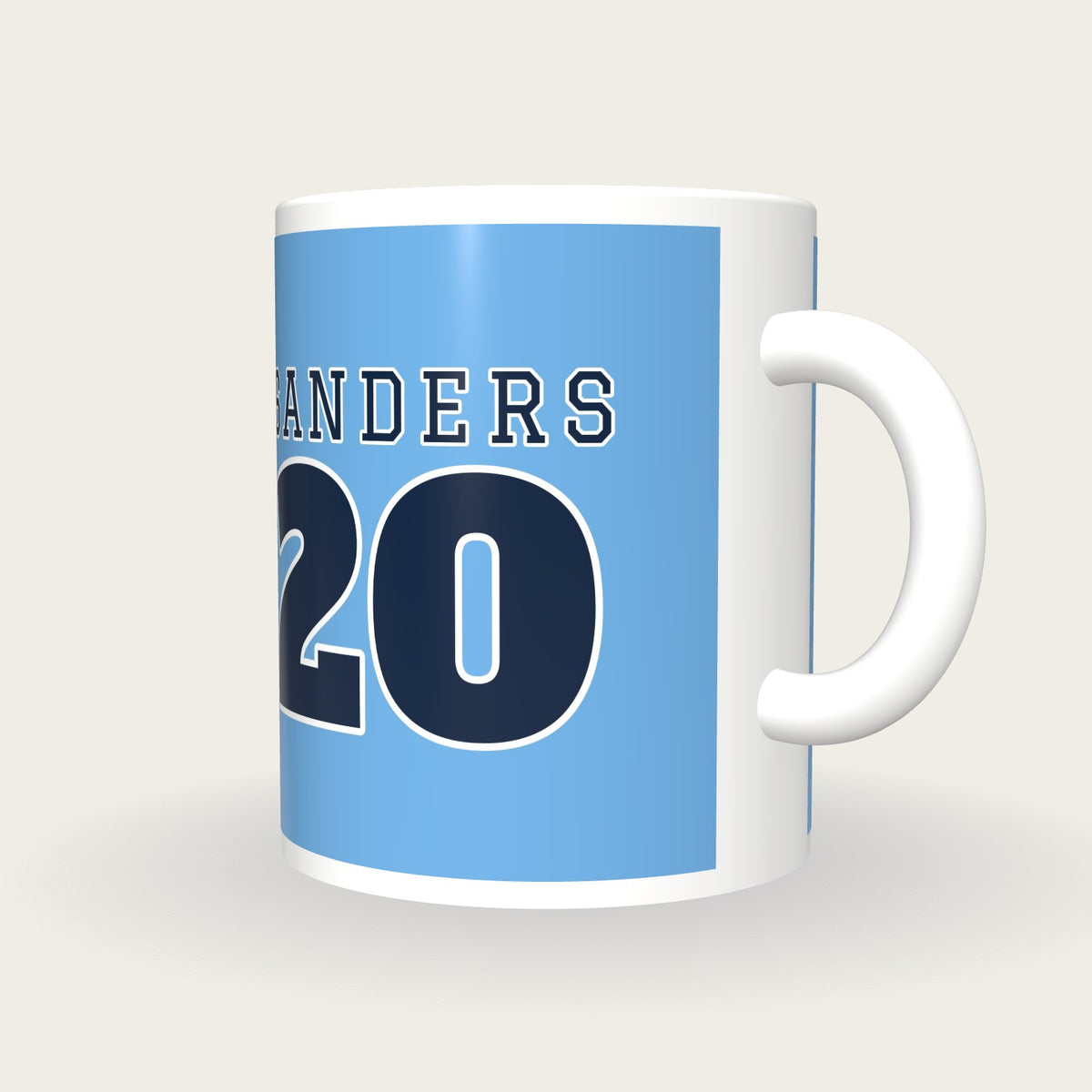 Personalised Sky Blue and Navy American Football Jersey Mug, three-quarter view