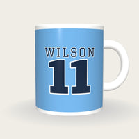 Personalised Sky Blue and Navy American Football Jersey Mug, front