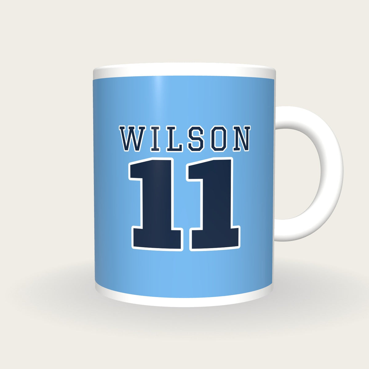 Personalised Sky Blue and Navy American Football Jersey Mug, front