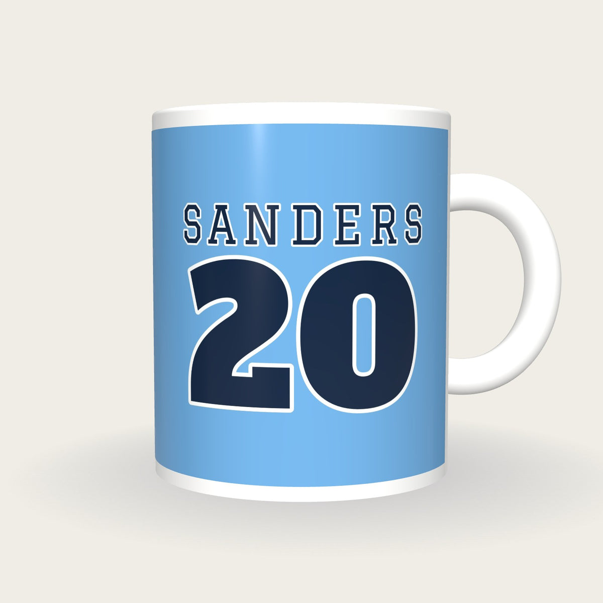 Personalised Sky Blue and Navy American Football Jersey Mug, front